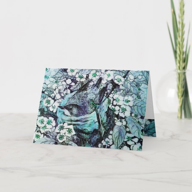 CARTÃO DE FESTIVIDADES NESTE DE PÁSSAROS, ÁRVORE COM FLORES DE PRIMAVERA  (Frente)