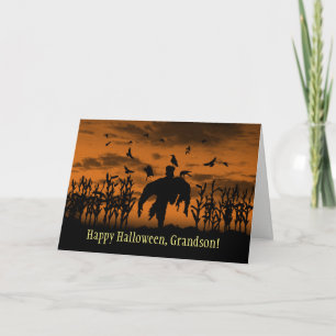 Cartão De Festividades Neto Feliz Halloween Espantalho Assustador e Corvo