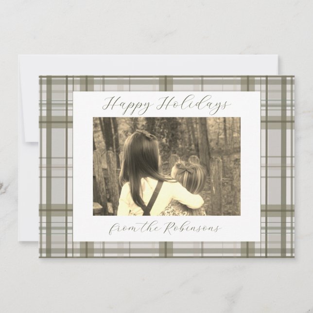 Cartão De Festividades Neutral Green Plaid Holiday Card (Landscape) (Frente)