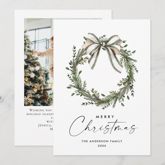 Cartão De Festividades Neutral Minimalist Boho Christmas Wreath Photo (Frente/Verso)