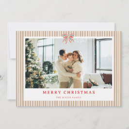Cartão De Festividades Neutral Stripe Bow Christmas Photo Holiday Card 