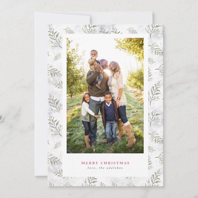 Cartão De Festividades Neve e deixa foto de quadros verde e branco (Frente)