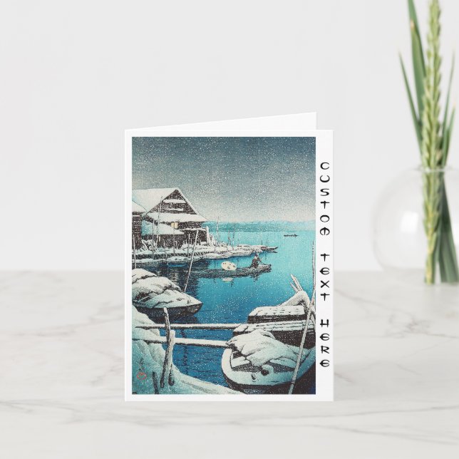 Cartão De Festividades Neve na arte do hanga da canela de Mukôjima Hasui (Frente)