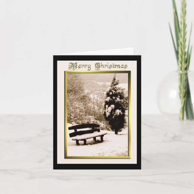 Cartão De Festividades Neve no Bench Christmas Greeting Card (Frente)