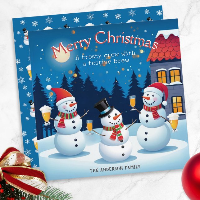 Cartão De Festividades Neves Com Bebidas Felizes Feliz Natal (A colorful personalized Christmas card, with a picture of three snowmen enjoying Christmas drinks)