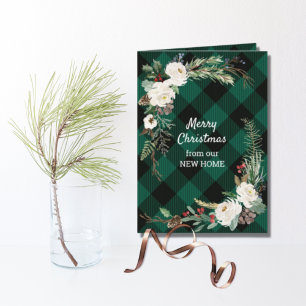 Cartão De Festividades New Home Green Buffalo Plaid White Christmas Roses