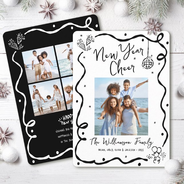 Cartão De Festividades New Year Cheer 5 Photo Black White Hand Drawn Fun (Criador carregado)