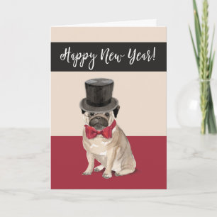Cartão De Festividades New Year Pug Dog in Top Hat and Bow