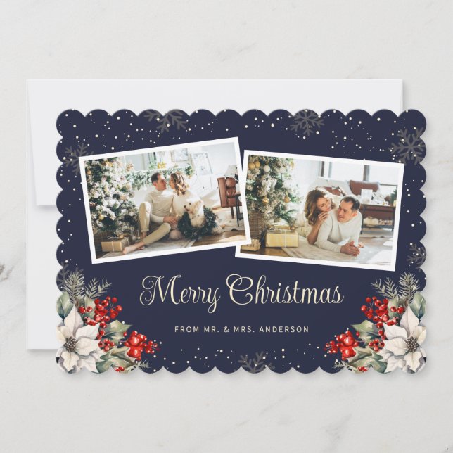 Cartão De Festividades Newlywed 2 Photo Botanical Blue Merry Christmas (Frente)