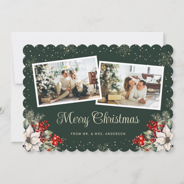 Cartão De Festividades Newlywed 2 Photo Botanical Green Merry Christmas (Frente)