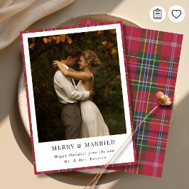 Cartão De Festividades Newlywed Christmas Plaid Merry and Married Photo