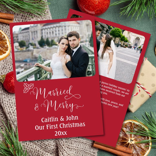 Cartão De Festividades Newlyweds Personalizados da Feliz Casada Primeiro  (Married & Merry, Our First Christmas personalized 2-photo card with custom message on the back.)