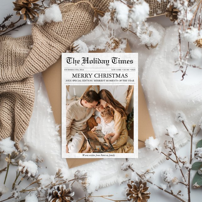 Cartão De Festividades Newsletter de Natal de jornal 1 Foto única (Newspaper Christmas Card Budget Unique Family Photo Newsletter | What a year | Year in review)