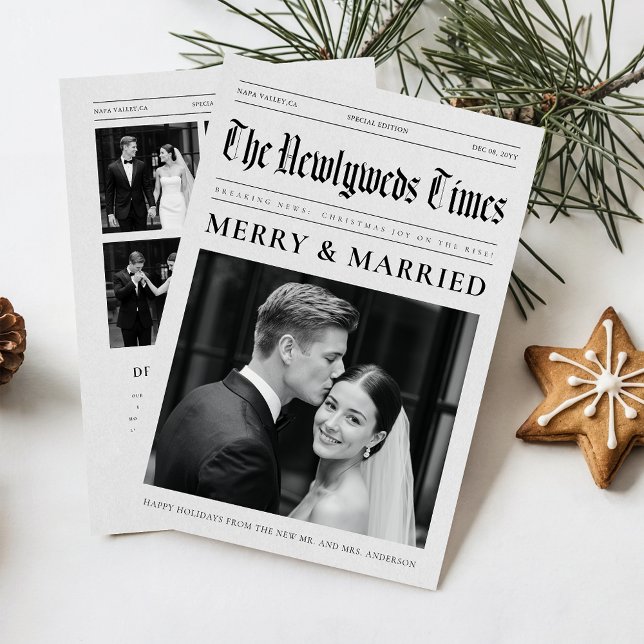 Cartão De Festividades Newspaper Newlywed Black and White Photo Christmas (Criador carregado)