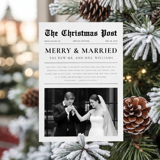 Cartão De Festividades Newspaper Newlywed Black & White Photo Christmas (Criador carregado)