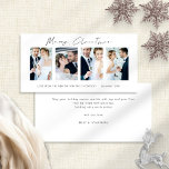 Cartão De Festividades Newweds 4 Fotos White Feliz Natal<br><div class="desc">Newlyweds 4 Fotos White Script White Feliz Natal. Disponível digitalmente e impresso. Moderno e minimalista,  com um roteiro de na moda para Feliz Natal. Substitua as fotos de amostra pelos seus próprios favoritos de casamento e personalize o resto das palavras em cada lado,  conforme necessário.</div>