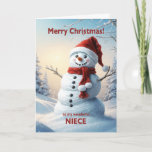 Cartão De Festividades Niece Christmas Snowman<br><div class="desc">Uma cena festiva de inverno mostrando um bonitão de neve em um chapéu vermelho e cachecol. Deseje à sua sobrinha um feliz Natal com um belo cartão de boneco de neve.</div>