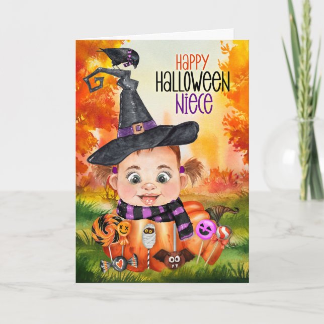 Cartão De Festividades Niece Little Witch e Raven Halloween Pumpkin (Frente)