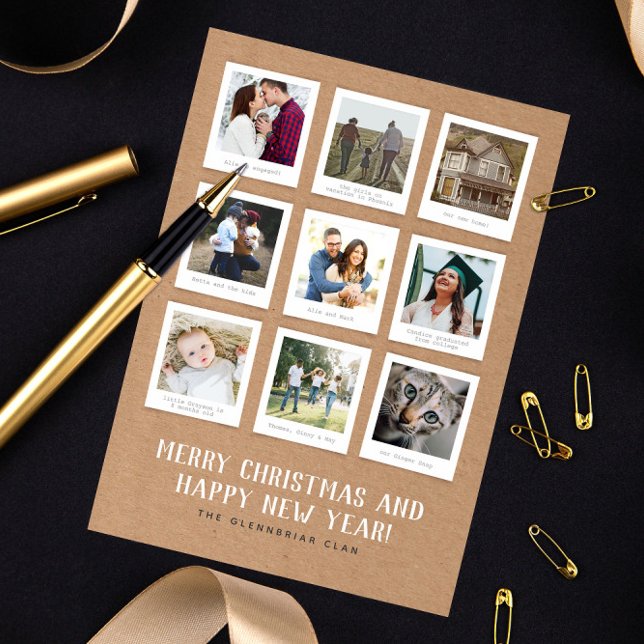 Cartão De Festividades Nine Instant Photo Style Year in Review (instant photo print style collage of nine photos and caption text Christmas and new year card)