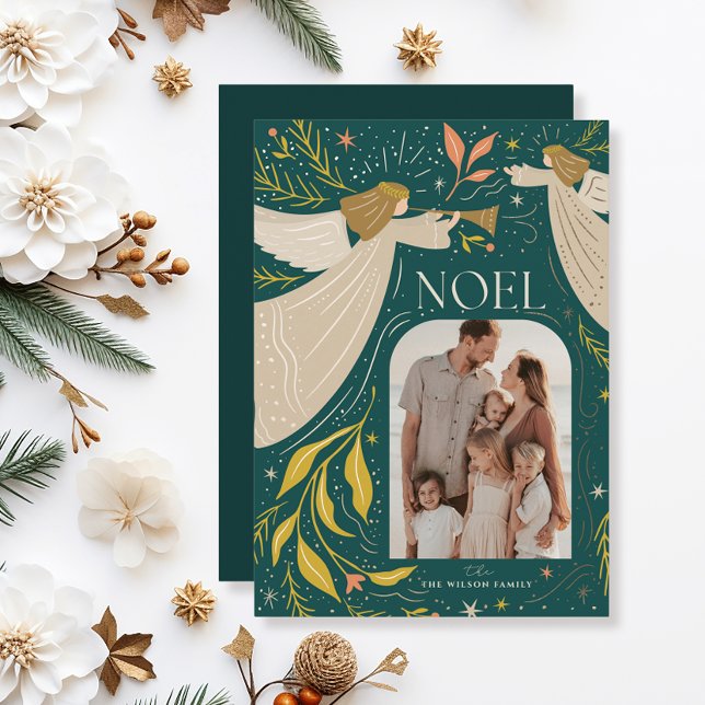 Cartão De Festividades NOEL Angels Teal 2 Foto Natal (Criador carregado)