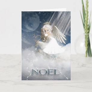 Cartão De Festividades NOEL, Anjo soprando neve pelo mundo