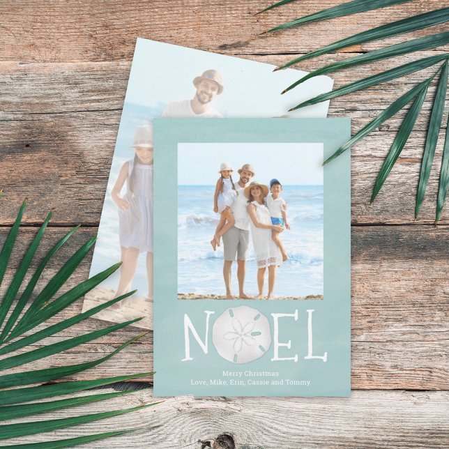 Cartão De Festividades Noel Photo Christmas Blue Beach Sand Dollar (Christmas Holiday Noel Creative Typography Beach Photo Card with a two-photo template.)