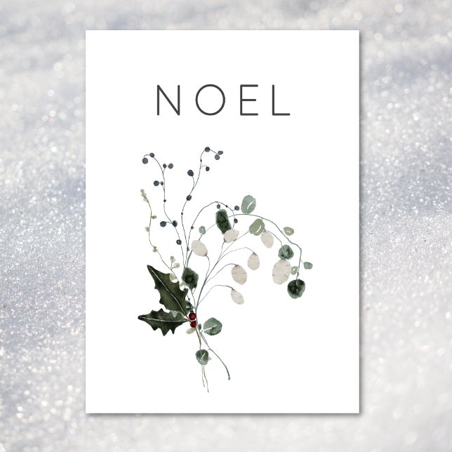 Cartão De Festividades Noel Rustic Minimal Holly Greenery (Christmas Noel Rustic Minimal Holly Greenery Holiday Card)