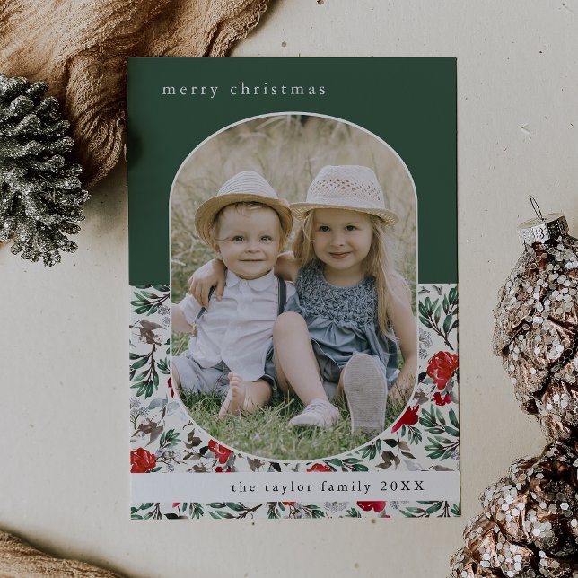 Cartão De Festividades NOELLE Green Red Floral Family Foto Natal (NOELLE Green Red Floral Family Photo Christmas Holiday Card)