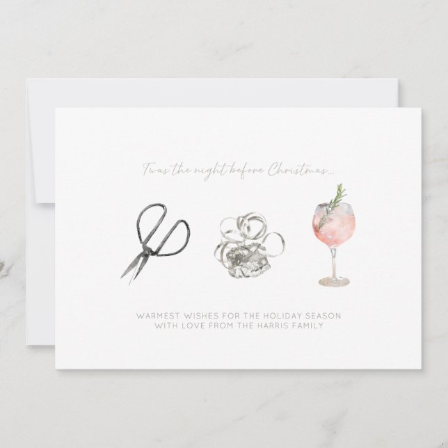 Cartão De Festividades Noite De Aquarela Antes Do Natal, Envolva E Vinho (Frente)