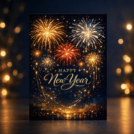 Cartão De Festividades Noite de Fogos de Artifício Dourados Ano Novo