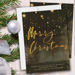 Cartão De Festividades Noite de Inverno Estrelada Feliz Natal Script Dour