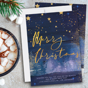 Cartão De Festividades Noite de Inverno Estrelada Merry Christmas Azul Do