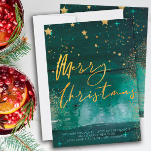 Cartão De Festividades Noite de Inverno Estrelada Natal Verde Dourado