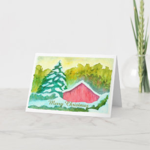 Cartão De Festividades Noite de inverno, Red Barn, Aquarela, Feliz Natal