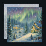 Cartão De Festividades Noite mágica de Natal na floresta sob estrelas<br><div class="desc">Esta carta apresenta uma floresta de inverno nevada à noite com estrelas e auroras no céu. As casas estão brilhantemente iluminadas. Mande Cartões de natal para sua família e amigos! Texto personalizado e traseiro.</div>