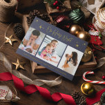 Cartão De Festividades Noite Santa Religiosa Três Fotografias Familiares<br><div class="desc">Um belo cartão de Natal de três fotos da sua família em um marinho azul- e design de ouro "Oh Santa Noite". Personalize com três de suas fotos favoritas do ano,  sua saudação e seu nome de família. Esta carta de Natal reverte-se para um design azul estrelado no fundo.</div>