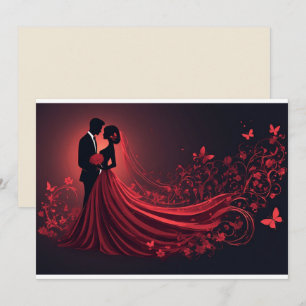 Cartão De Festividades Noiva e Noivo em Silhueta de Casamento Vermelho Ro