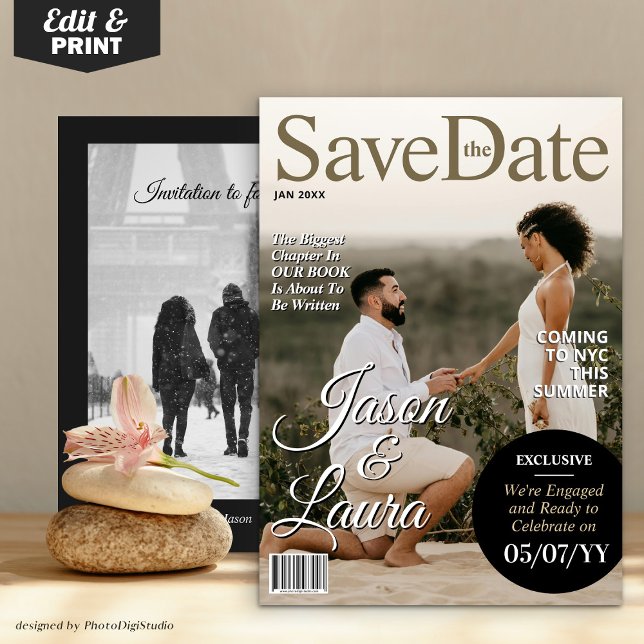 Cartão De Festividades Noivado da revista moderna Salve a data Convide (Modern Magazine Engagement Save the Date Invitation)
