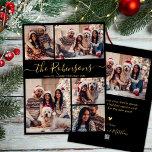 Cartão De Festividades Nome da família Black Dourado 5 Photo Collage Nata<br><div class="desc">Caligrafia Elegante Simples Moderna Preta e Nome da Família de Colagem de Fotografias Dourada 5 Script Merry Christmas Holiday Card (Cartão de Férias Feliz Natal). Este modelo de placa de cartões de natal de cinco (5) fotos, festivo, minimalista e caprichosa, apresenta uma bonito colagem de fotos em grade, um enorme...</div>