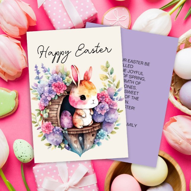 Cartão De Festividades Nome da família coelho bunny feliz Páscoa (Cute Easter bunny with pink and purple flowers greeting card)