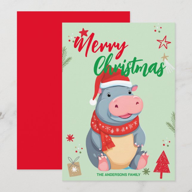 Cartão De Festividades Nome da família do Natal do HIPPO fofo do Papai No (Frente/Verso)