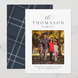 Cartão De Festividades Nome da família elegante marinho azul com uma foto