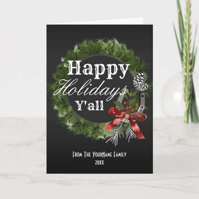 Cartão De Festividades Nome da Família Personalizada Wreath Ocidental (Frente)