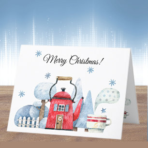 Cartão De Festividades Nome, Magical Red Tea Kettle Winter House 