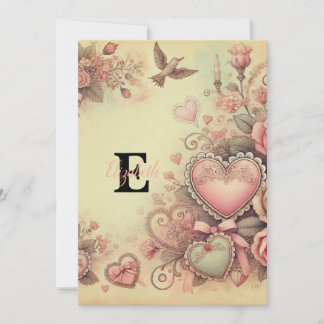 Cartão De Festividades Nome monograma vintage corações floral aquarela