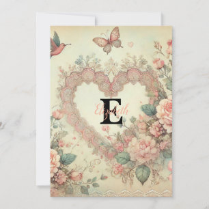 Cartão De Festividades Nome monograma vintage corações floral aquarela 
