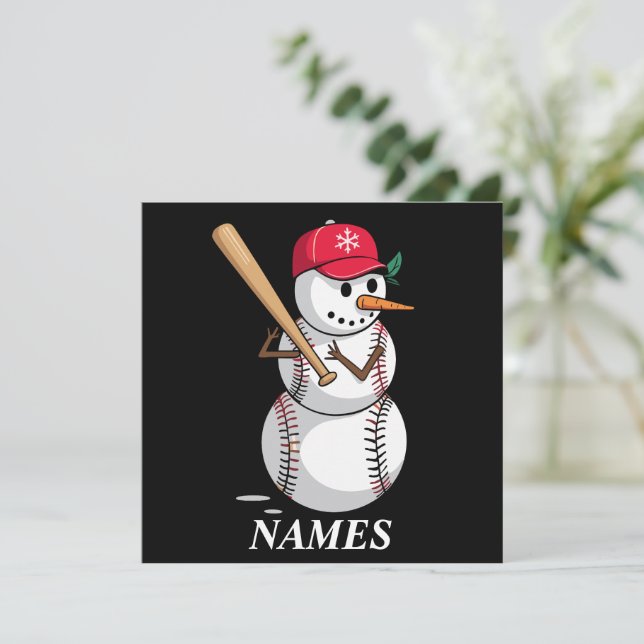 Cartão De Festividades Nome Personalizado Baseball Snowman Balls Snow Xma (Em pé/Frente)