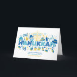 Cartão De Festividades Nome Personalizado de Feriados Felizes de Hanukkah<br><div class="desc">Este design de feriados apresenta o texto "Chanucá" na tipografia azul moderna cercada por ícones como sonhos, menorah, tocha, velas e muito mais. Abaixo está o texto "Felizes Feriados" com seu nome de família. #hanukkah #chanukah #feriados #sazonal #estrela #festiva #starofdavid #menorah #torah #dreidel #oferta #vela #luz #jedesejo #personalizado #nome #personalizado...</div>