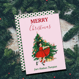 Cartão De Festividades Nome Personalizado Retro Christmas Girl Tree Rosa