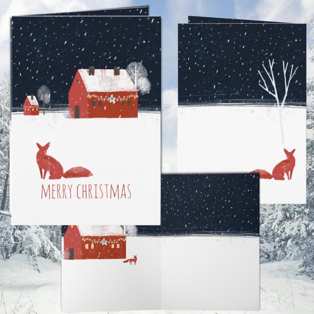 Cartão De Festividades Nórdico Feliz Natal Noite Vermelho Celeiro e Rapos (Nordic Merry Christmas Night Red Barn & Red Fox Holiday Christmas Wraparound Graphics Folded Card)